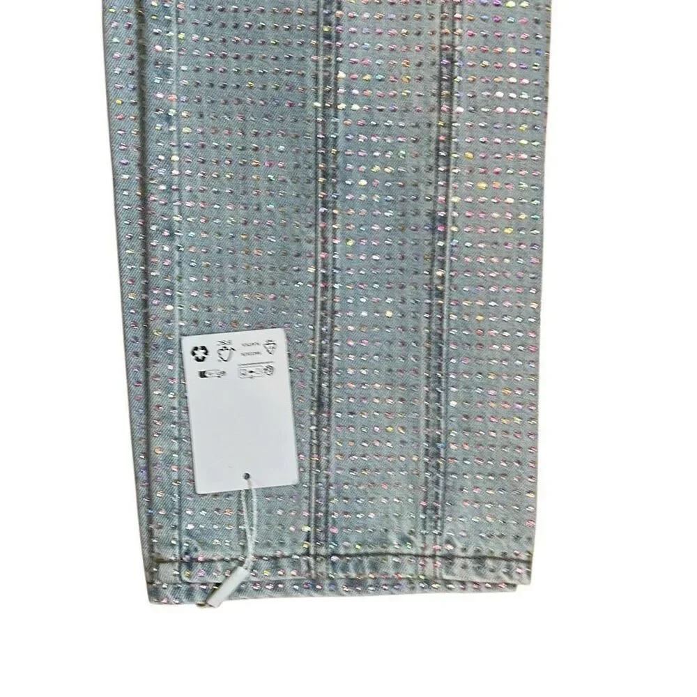 NWT Self-Portrait Blue Rhinestone Embellished High-Waisted Denim Jeans W27 L32